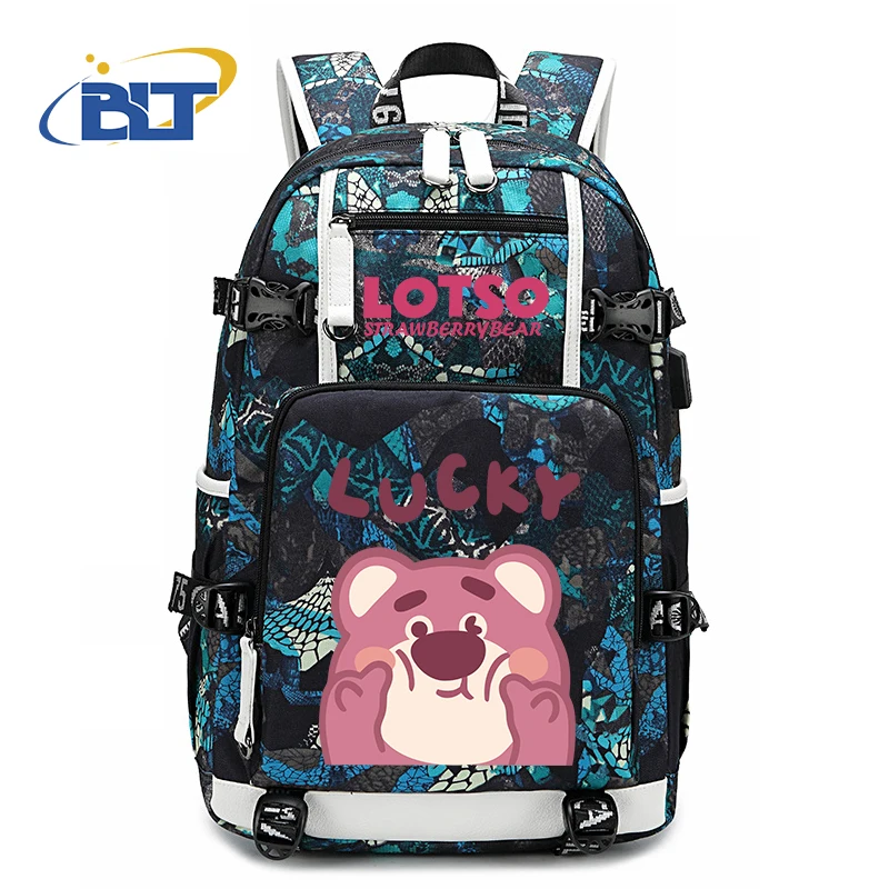 lotso bear print youth backpack strawberry bear student school bag large capacity usb bag kids gift