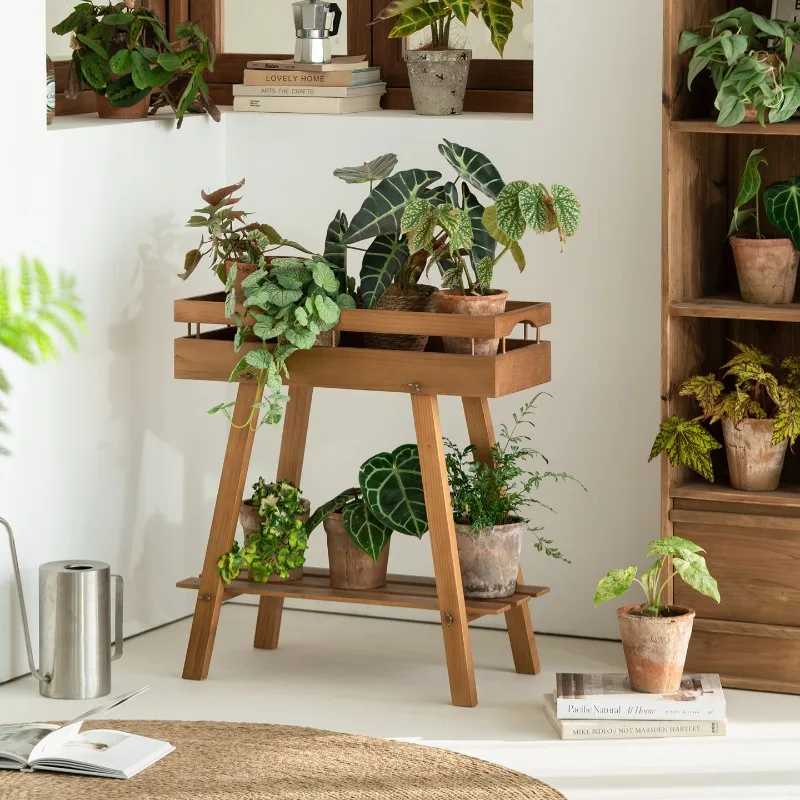 Solid wood flower stand Multi-layer shelf Pastoral wooden flower edge few indoor green plant potted stand