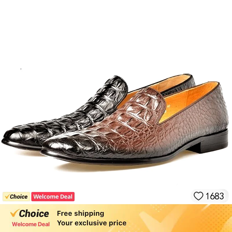 

Men's Handmade Luxury Crocodile Pattern Leather Loafers Brown Black Slip-On Formal Business Dress Shoes for Office