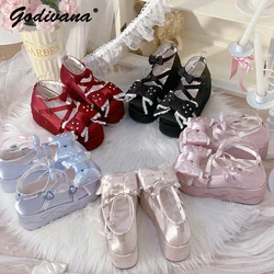 Sweet Cute Girls Platform Shoes Lolita Elegant CLA Women's Pearl Bead Bow Satin Thick Bottom Doll Shoes Pump High Heels