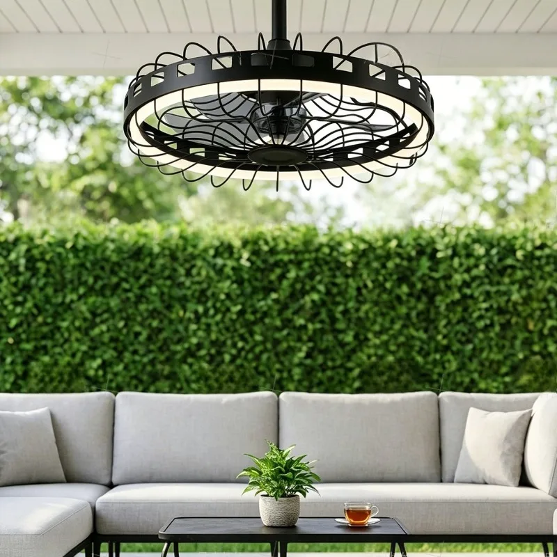 Outdoor Corridor Rooftop Ceiling Fan Lamps American Countryside Moisture-proof Outdoor Hanging Pavilion LED Ceiling Fan Lights
