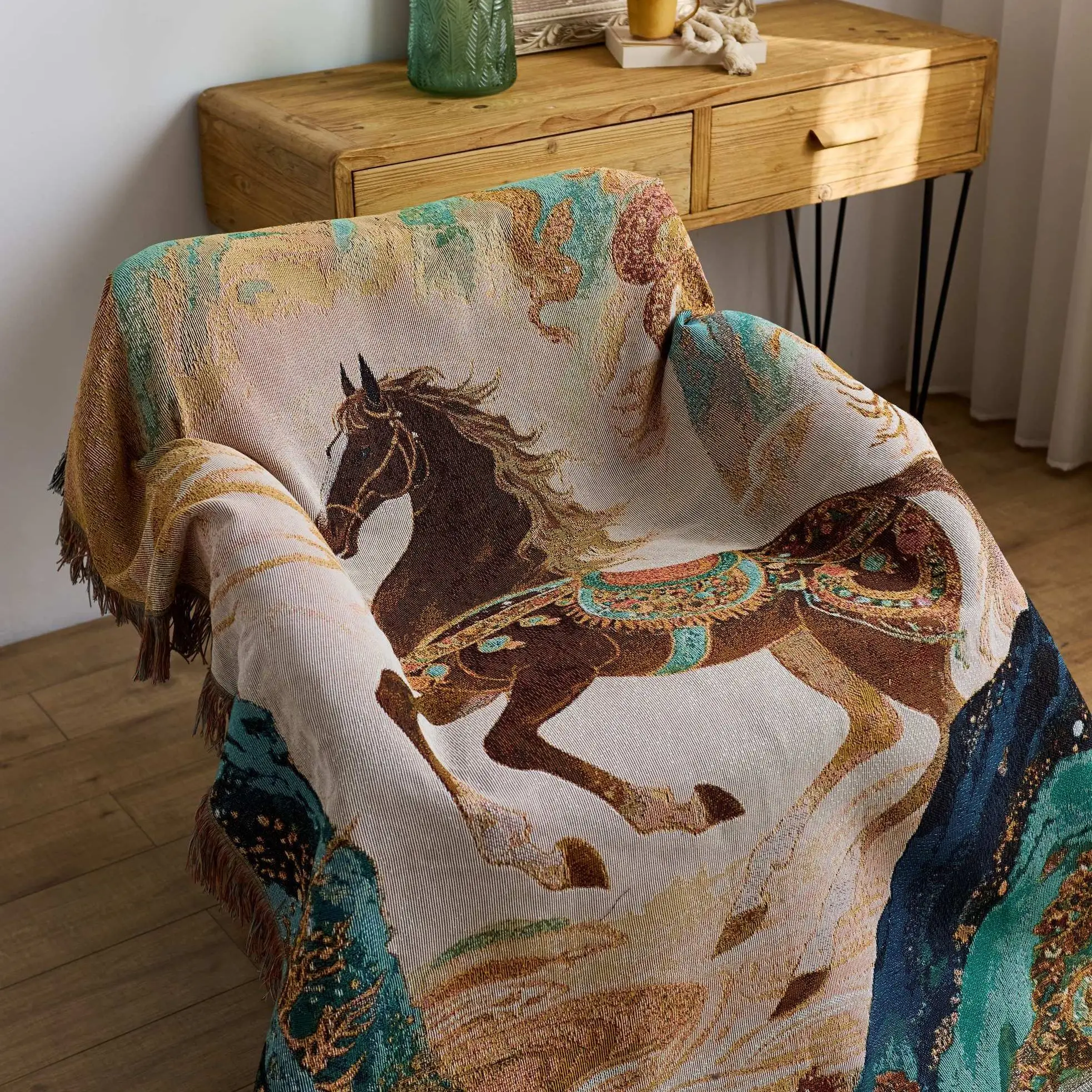 Textile City Year of the Horse Chinese Chic Leading the Way Woven Throw Blanket Traditional Jacquard Home Decor Thread Blanket
