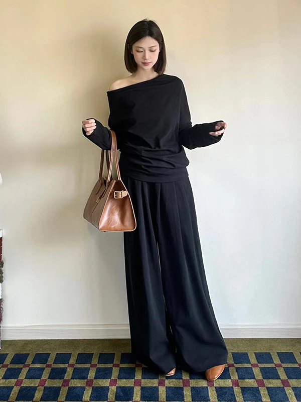 Slimming Effect Minimalist Style Shoulder Sleeve Hoodie Set Women's Loose One-Shoulder Top Bottoms Two-Piece Fashionable Autu...