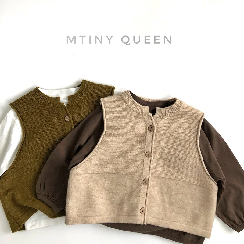 2024 Autumn New Children Vintage Knitted Vest Solid Boys Girls Sleeveless Sweater Coat Kids Windproof Vest Baby Casual Jacket