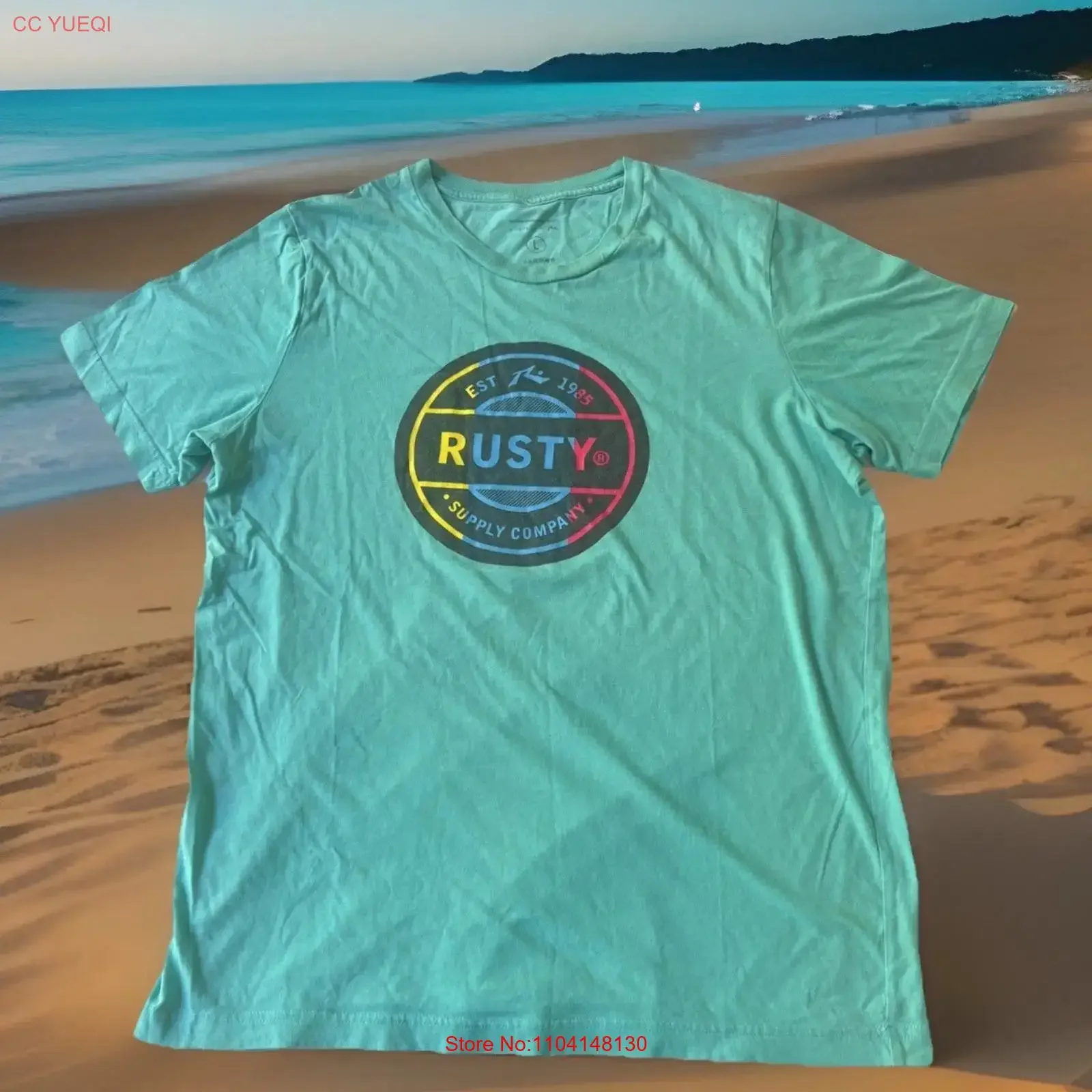 Camiseta Vintage Vtg Rusty Surfboards Est 1985 con Logotipo de la Compañía, Talla Grande, Color Verde Agua, Estilo Lavado, para Uso Diario