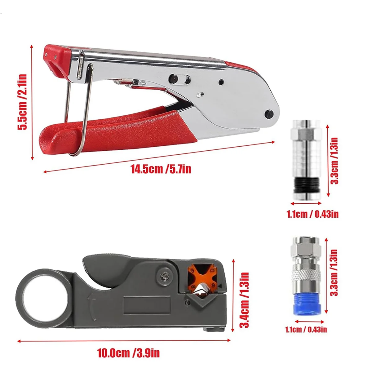 Coax Cable Crimper Tool Kit with 20pcs F Type RG59 RG6 Compression Connectors Coaxial Cable Stripper