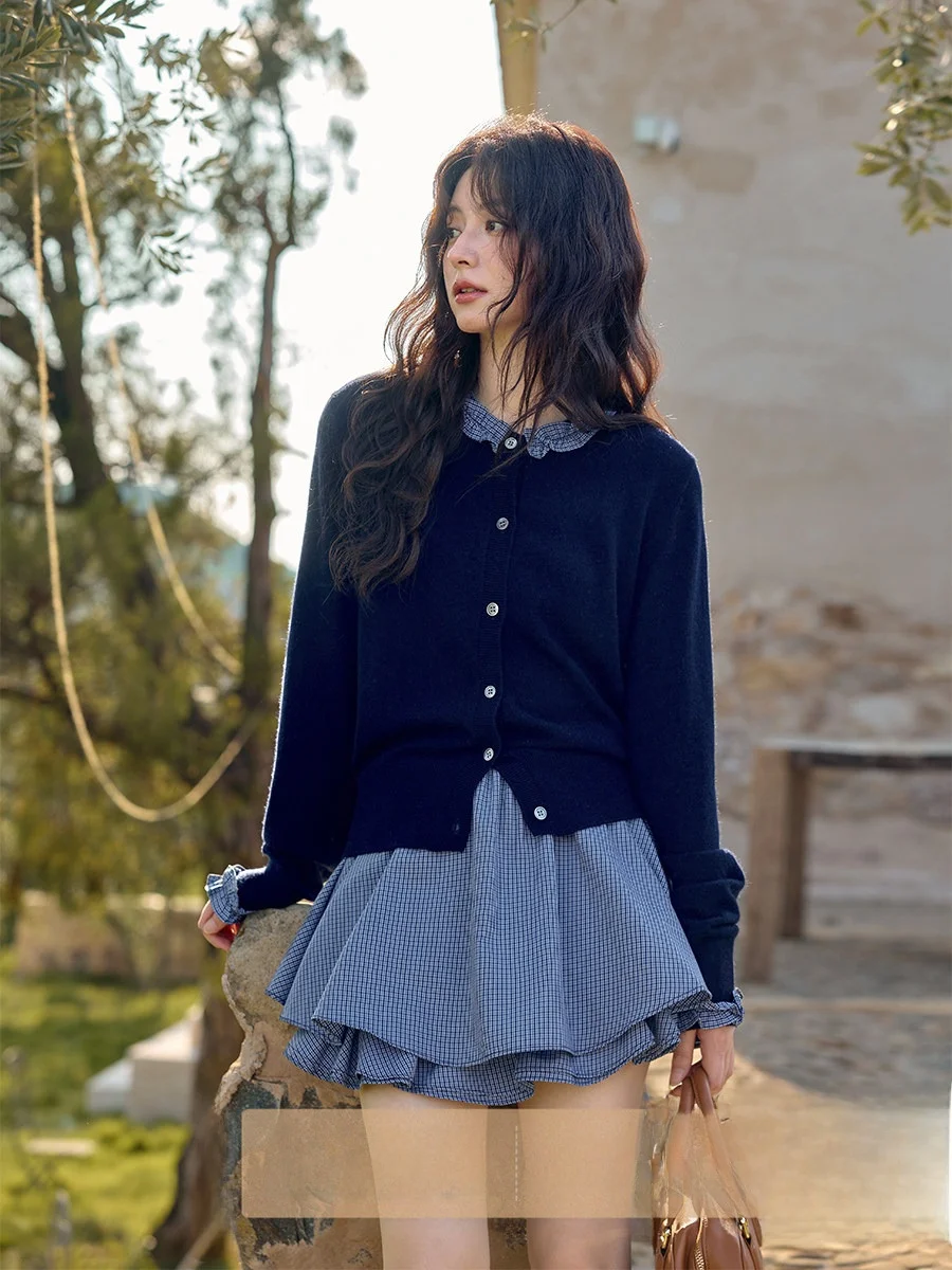 

Корейский вязаный кардиган Ele с длинными рукавами, скрытый синий дизайн, весна-осень, женская повседневная модная одежда