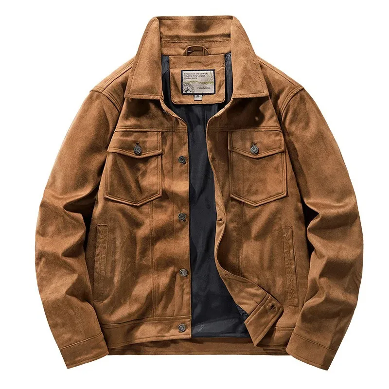 Veste pilote marron vintage pour homme, veste cargo légère, veste décontractée à col rabattu, faux daim, printemps et automne