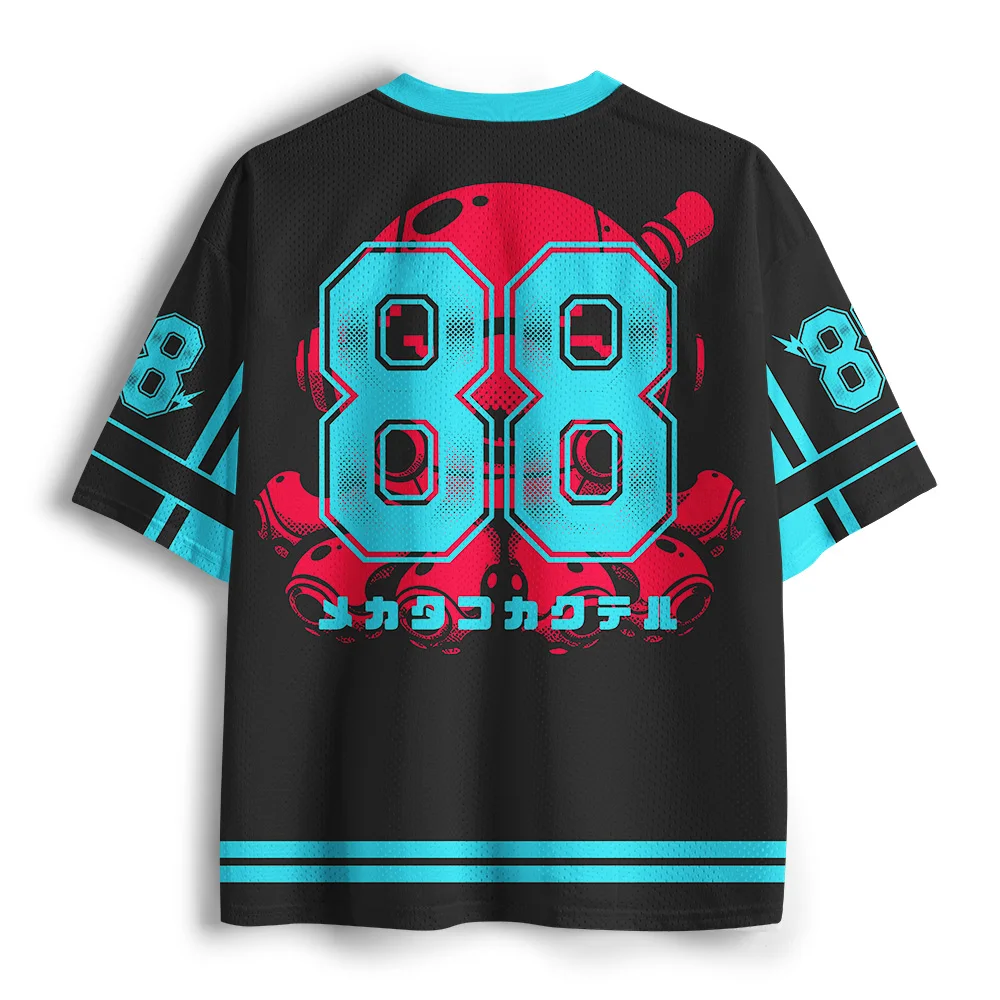 Cyberpunk Mechanical Octopus Full Print V-neck Short Sleeved Jersey Size 88 Japanese Kanji Cartoon Neon for Adults and Children