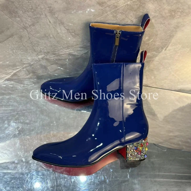 Blue Patent Leather Men\'s Ankle Boots Colored Rhinestone Small Square Toe Zipper Fashion British Style Handmade Shoes Men Boots