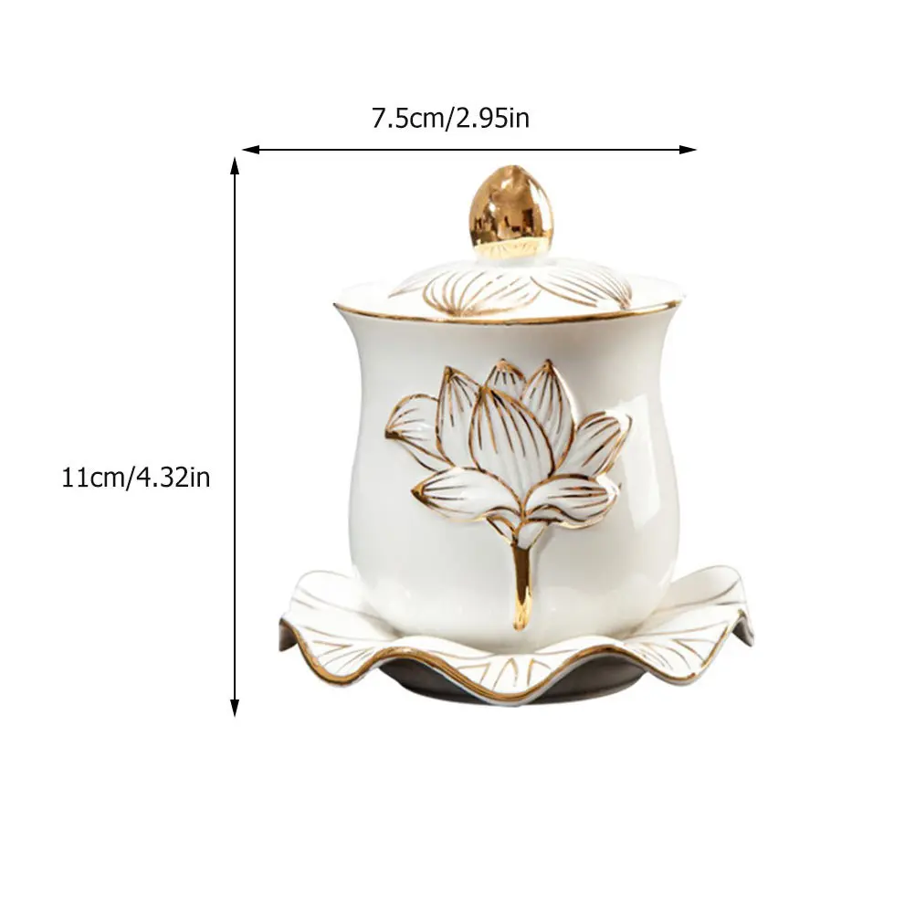 طقم أنيق من كؤوس البورسلين المنقوشة على شكل زهرة اللوتس لحفظ الماء في المعابد للطقوس البوذية وتقديم القرابين وإكسسوارات المعابد المنزلية