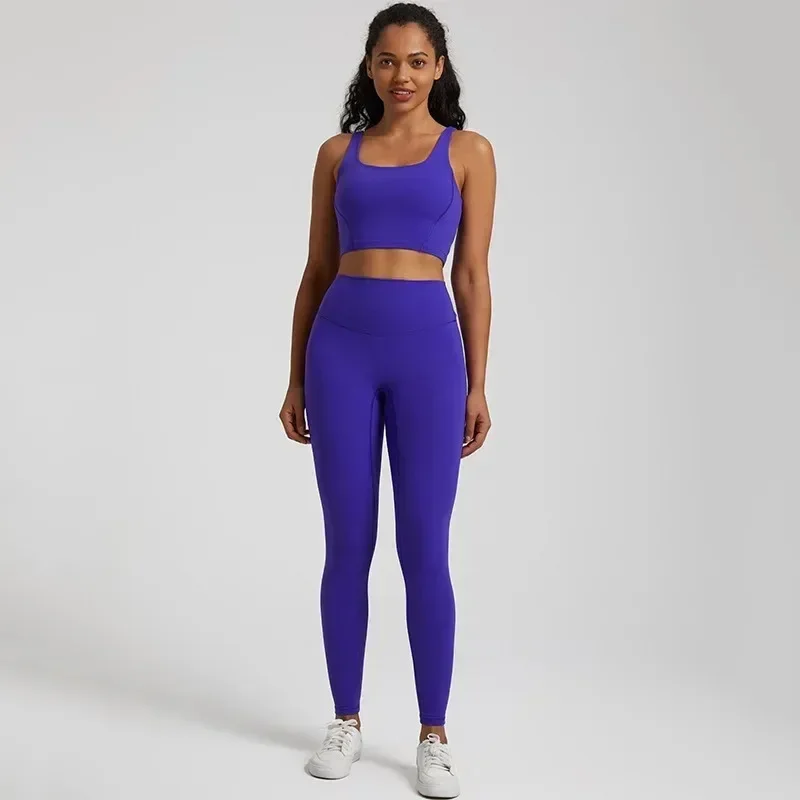 Ginásio Lemon-Leggings apertados e sutiã para mulheres, conjunto de ioga, sutiã fitness, treinamento abrangente, roupa de jogging, gola redonda, esportes, mulheres, 2 peças