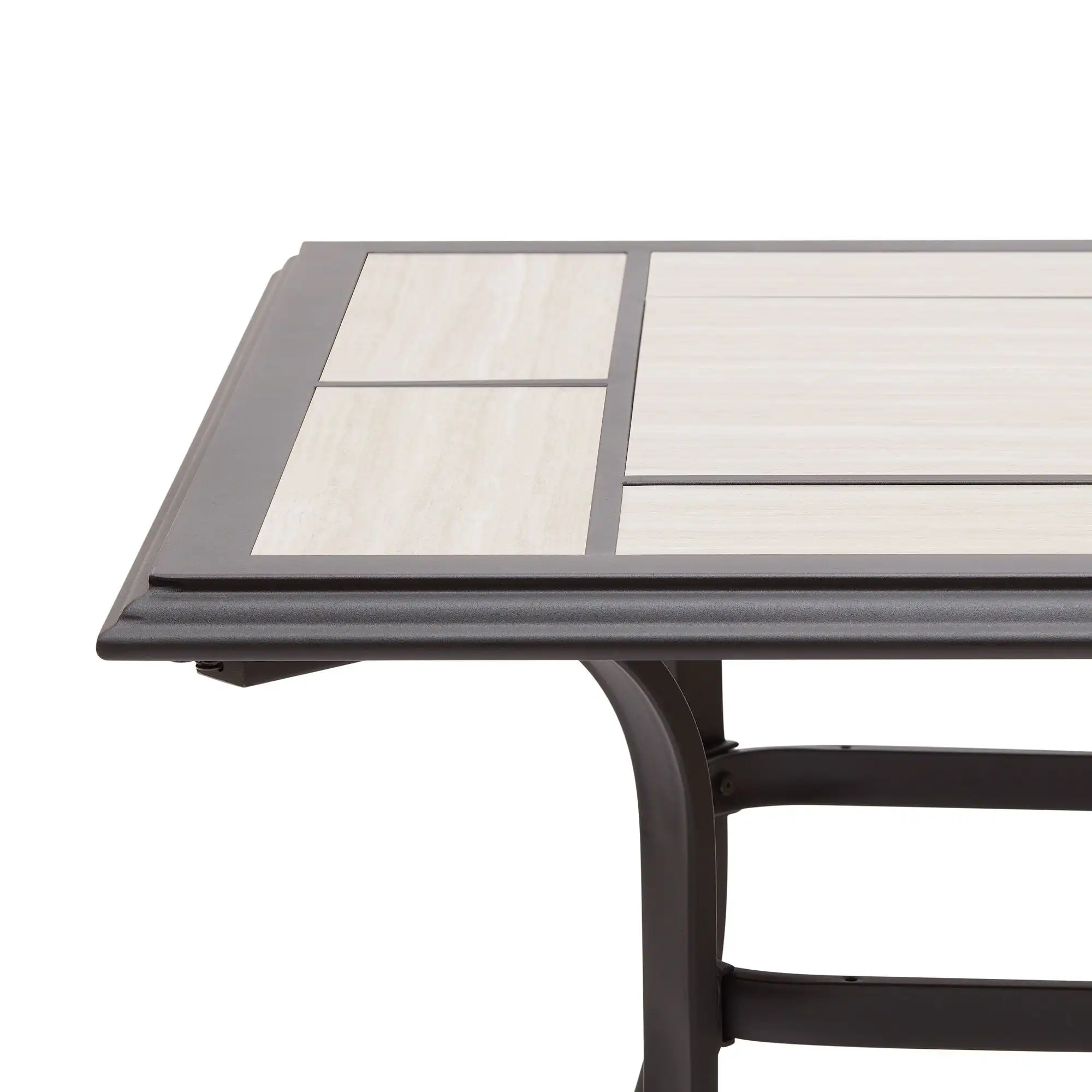 Newport Outdoor Ceramic Tile Top Rectangular Dining Table with Umbrella Hole, Gray Tabletop, Black Frame Finish, Seats 6