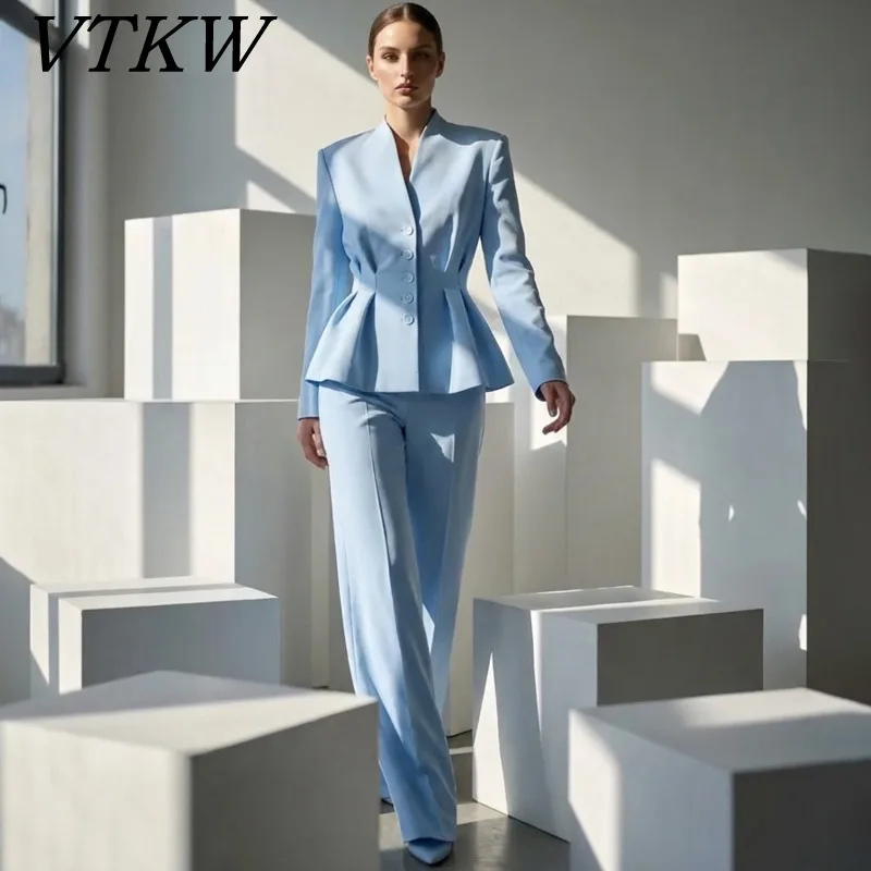 

TOKO 2026 New Women 2 Piece Suit Set Stand Collar Single Breasted Peplum Waist Padded Shoulder Wide Leg Pants Light Blue Outfit