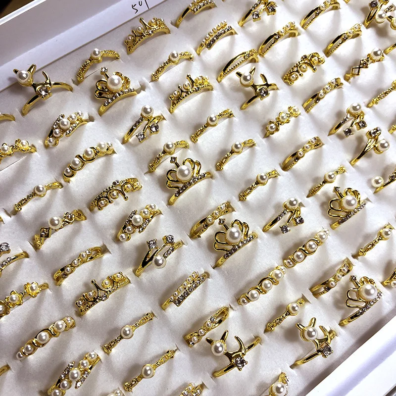 100Pieces /Lot New Design Gold Plated Ring Crown Imitation Pearl Ladies Women Rings Wholesale jewelry LR4207