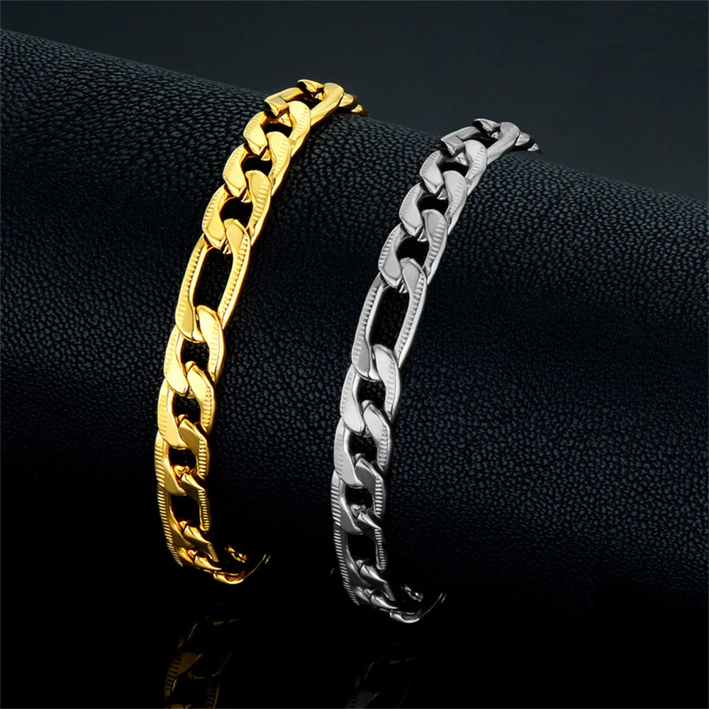 Braccialetto a catena a maglia Punk Figaro 21cm oro argento colore acciaio inossidabile 7mm catene a mano per donna uomo regalo di gioielli per