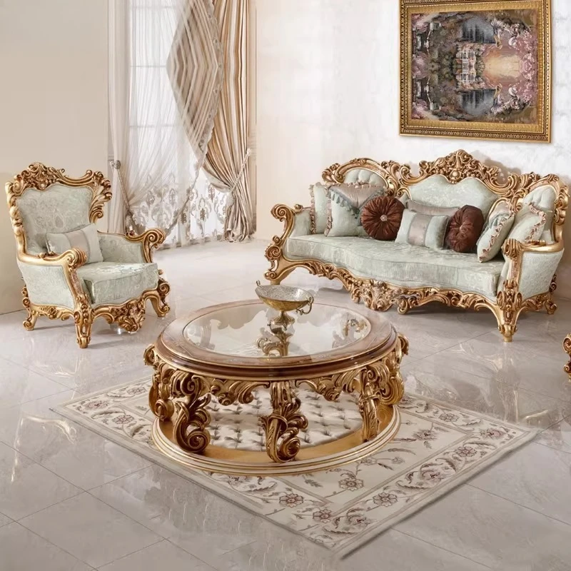 European style solid wood carved gold leaf sofa Turkish court fabric sofa combination large villa living room furniture
