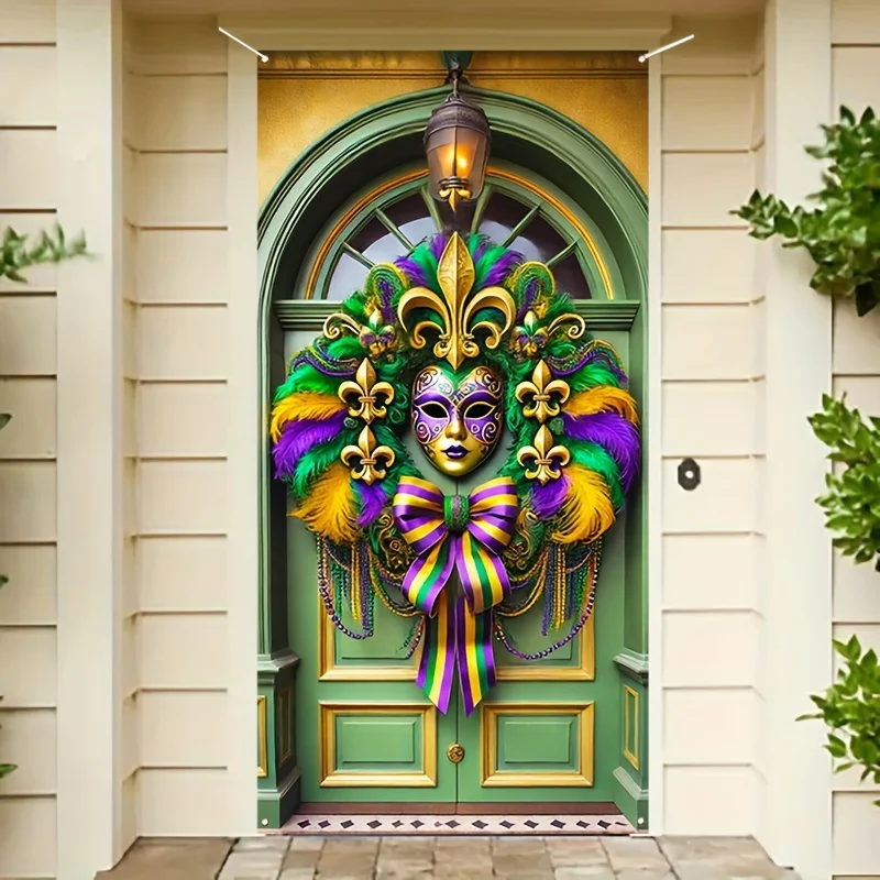 Mardi Gras Decorations Door Cover Banner Mask Feather Garland Print Photography Backdrop Indoor Outdoor Porch Background Decor