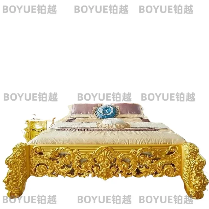 Luxury European Leather Double Bed Solid Wood Carved Floral  High End Master Bedroom Furniture for Villa Wedding