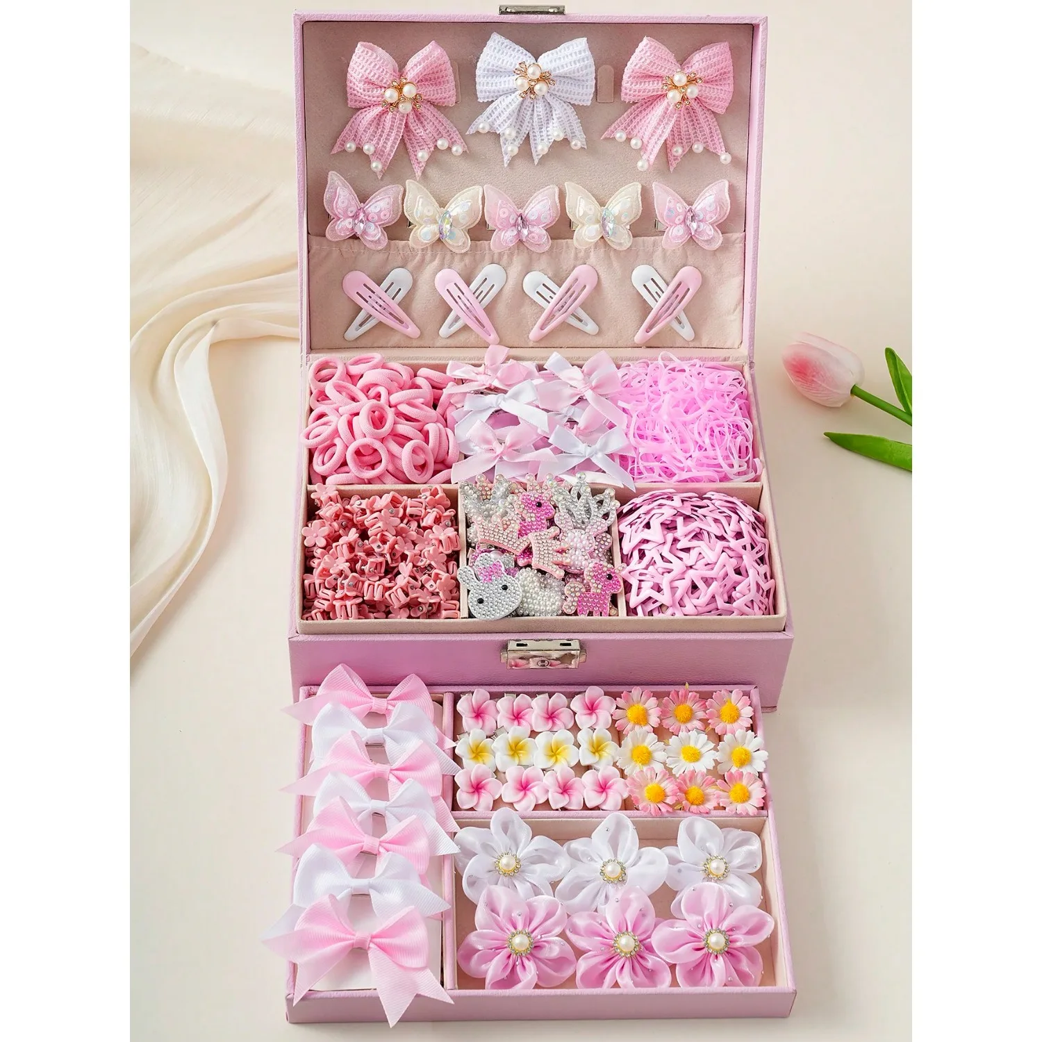 

576pcs/Set Cute Pink Bowknot Hair Clips Set, Includes Cartoon Butterfly, Pearl Flower, Star Hair Clips, Mini Claw Clips, Elastic Hair Ties, Hair Bands, Suitable For Daily Use, Back To School Gift