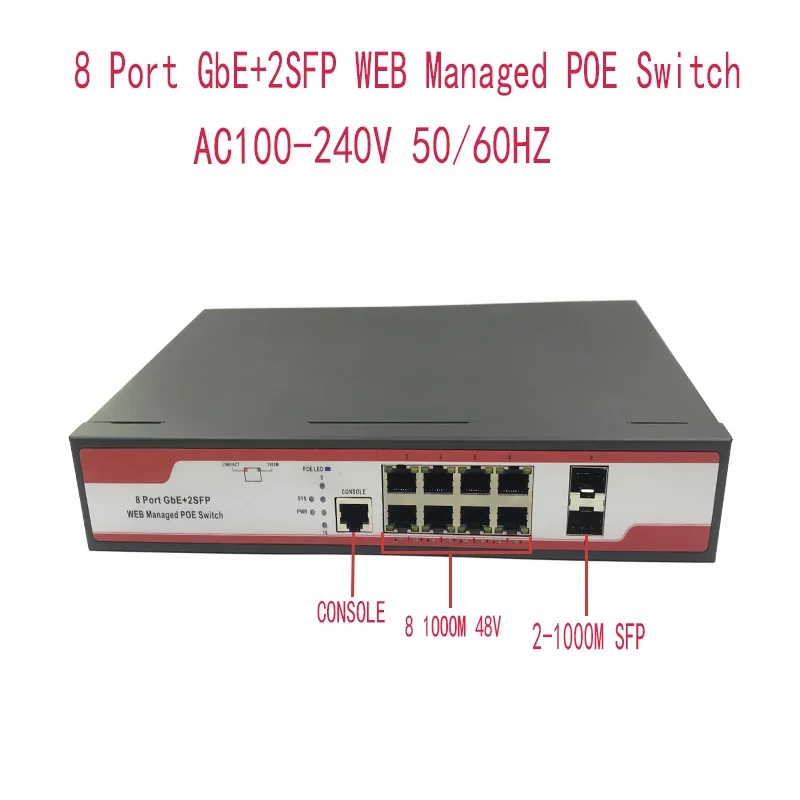 8 portas 1000M switch gerenciado industrial POE switch 10/100/1000M 2SFP rede de switch de nível industrial VLAN 192.168.0.1 gerenciado pela web
