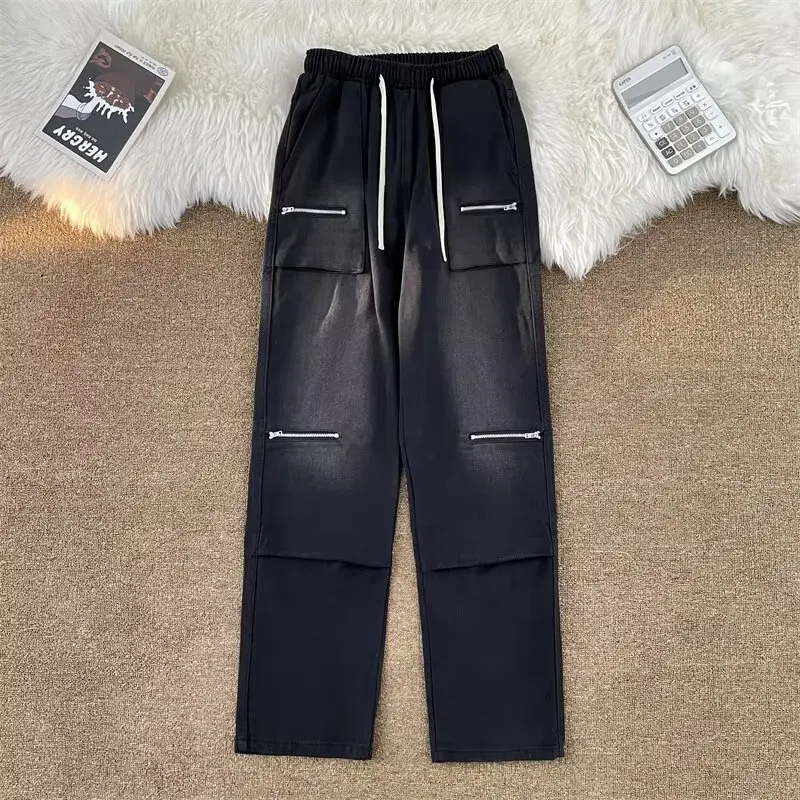 Spring Autumn Fashion Casual Men Jeans Trend Zipper Design Pants Straight Leg American High Street Plankton Handsome Cargo Pants