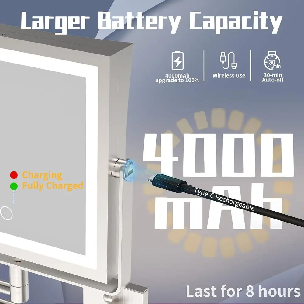مرآة مكياج مضيئة بإضاءة LED على الوجهين، قابلة لإعادة الشحن بقدرة 4000 مللي أمبير في الساعة، تكبير 1X/10X، قابلة للتعتيم باللمس 360 درجة ° ذراع دوار للخفافيش #2