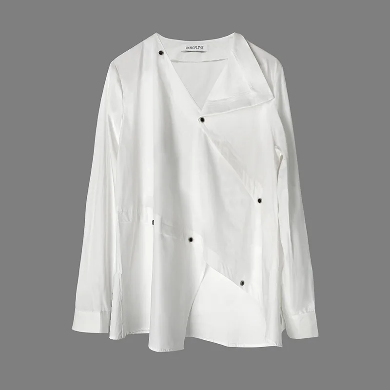Weiße Hemden mit asymmetrischem Knopf für Damen, 2026, neuer Stehkragen, lange Ärmel, unregelmäßiger Saum, lockere, lässige Büroblusen, Tops
