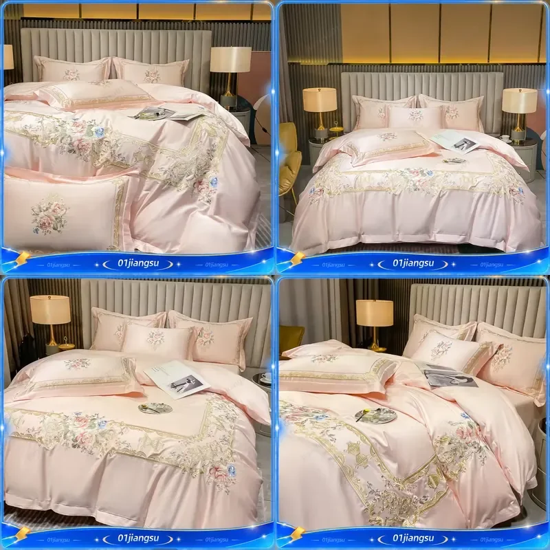 Luxury European Palace Style Bedding Set 4Pcs Egyptian Cotton Duvet Cover with Flowers Embroidery Fitted Sheet Pillowcases