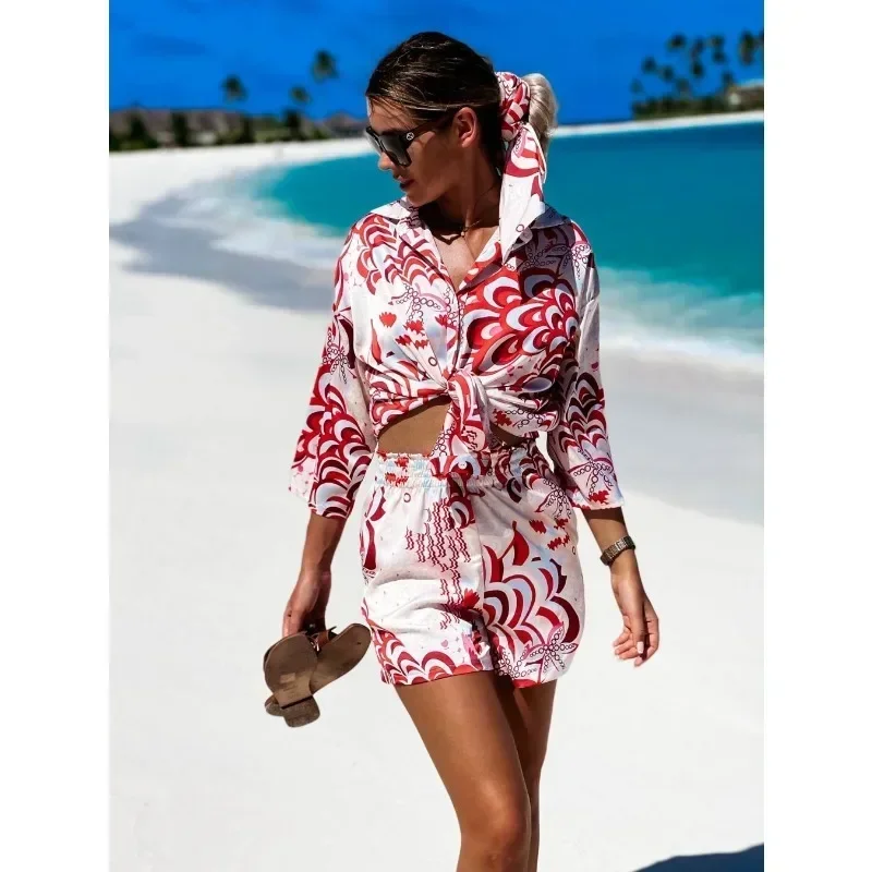 Summer Women\'s Long Sleeved Shirt and Shorts Set Printed Collar Set Casual Beach Fashionable Party Holiday Style Women\'s Set