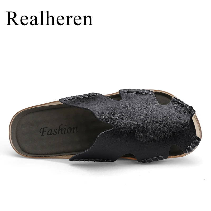 Men Leather Flat Slides Slippers Outdoor Indoor Home House Slip On Sandals Summer Shoes Big Size 47 48