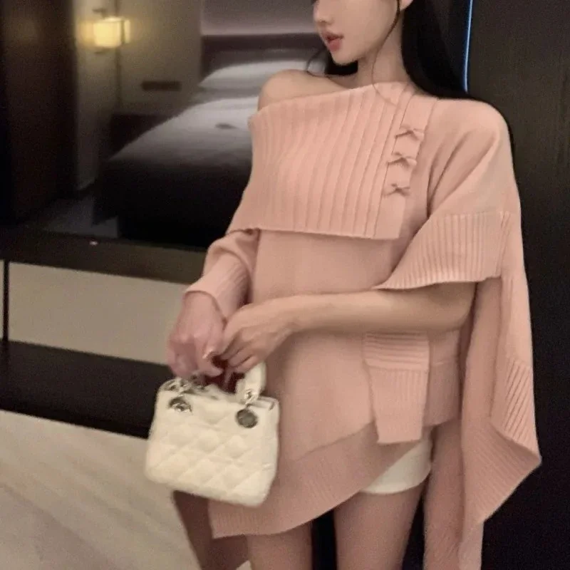 Women's Loose Outer Wear One Shoulder Knitted Hoodie CoatLazy Style Versatile Knitted Cloak Sweater
