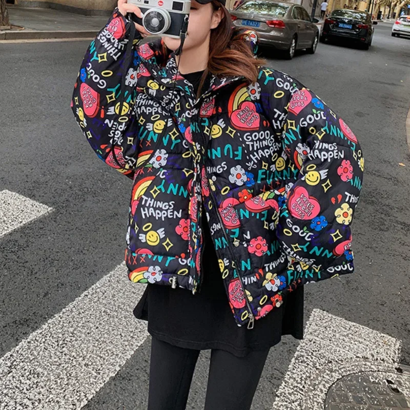 Winter Graffiti Down Padded Jacket Female Korean Version Loose Boyfriend Hooded Cotton-padded Jacket Bread Clothes Fashion Funny