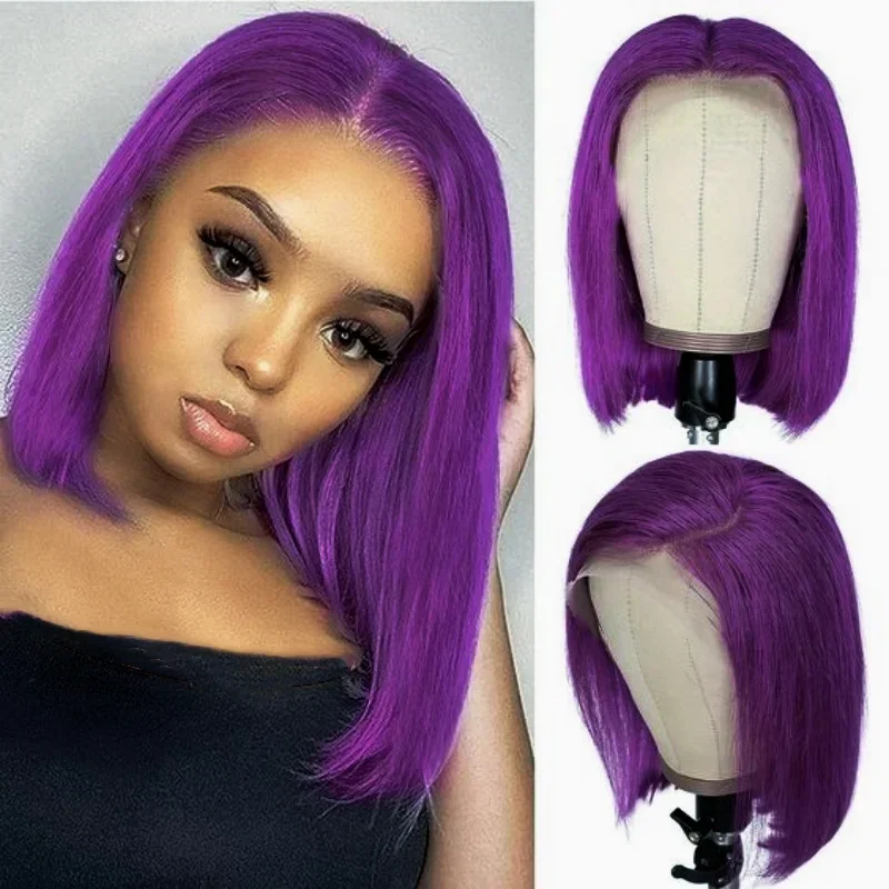 ﻿   パープルショートコスプレ13x4レースフロント人毛ウィッグ生え際加工済み人毛100%高品質女性用人毛ウィッグ