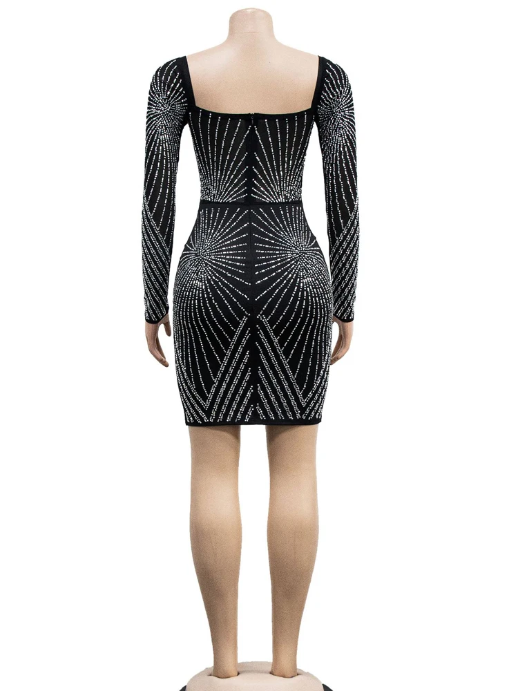 Kricesseen Sexy Rhinestone Decor Sheer Mesh Bodycon Dress Skinny Mini Dress New Women Long Sleeve Night Clubwear Mini Dress