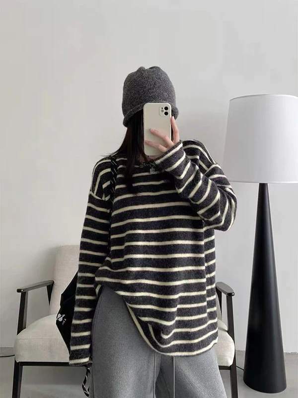 

Мягкая пушистая футболка большого размера с начесом, в полоску, для зимы, базовый слой, модный оверсайз свитшот для пар
