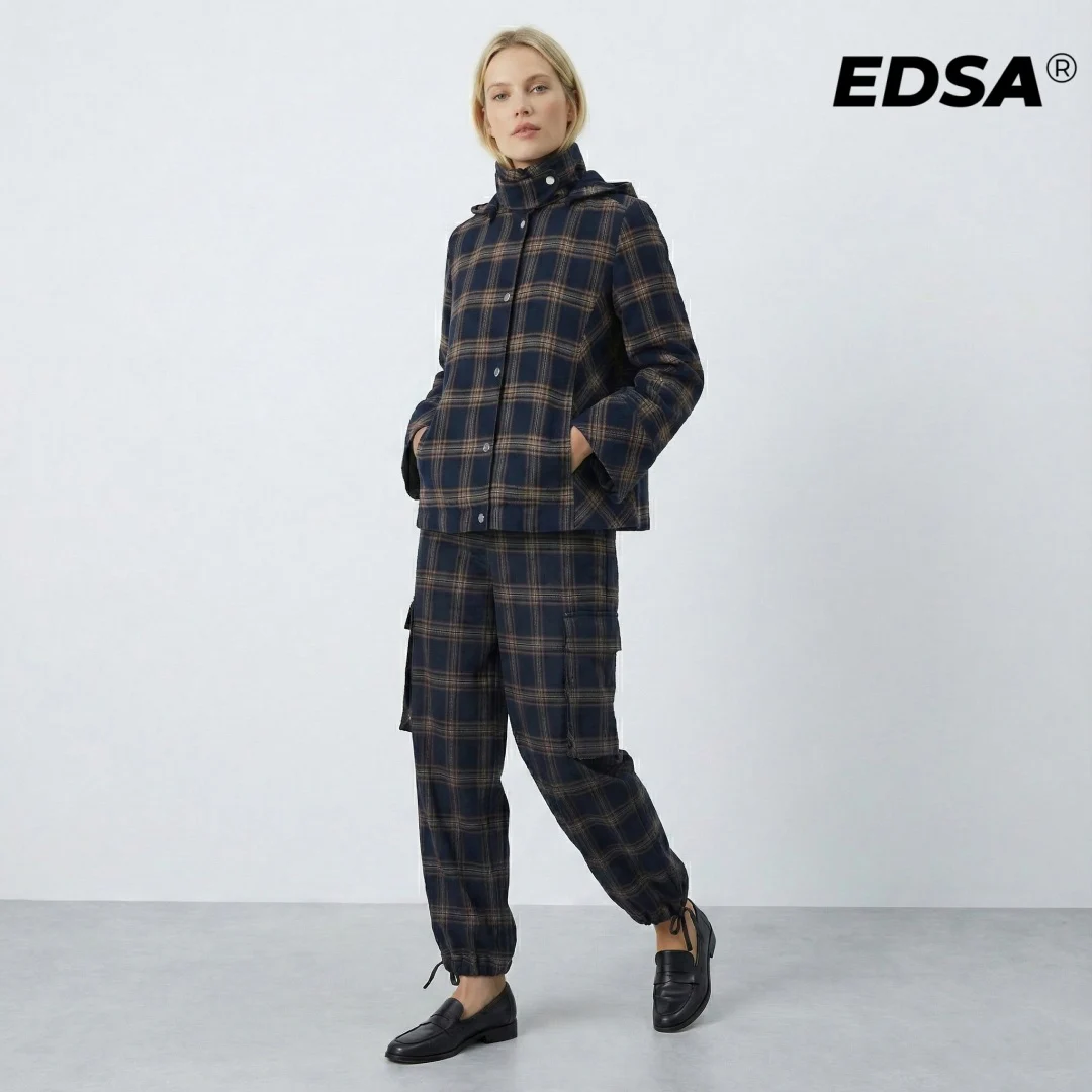 

Женский комплект EDSA: куртка в стиле сафари с клетчатым принтом и длинные брюки-карго, 2 предмета, для весенне-осенней уличной моды