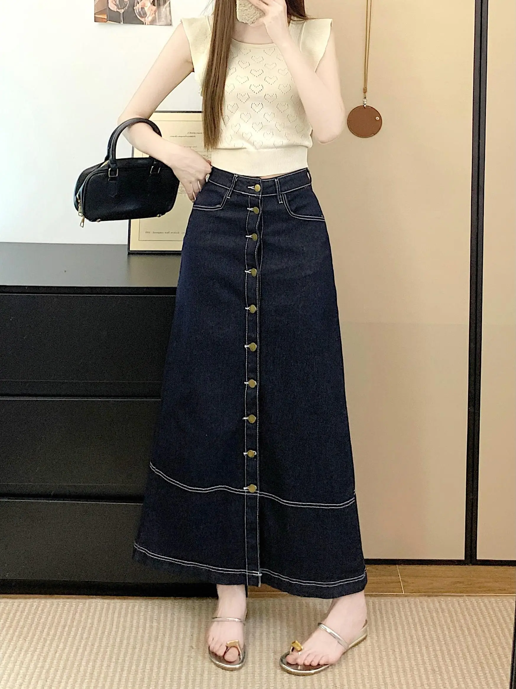 

High Waist Button down Denim Skirt Women's Fashion Spring 2026 New Style a Line Long Skirt Retro Commute Vintage Leather
