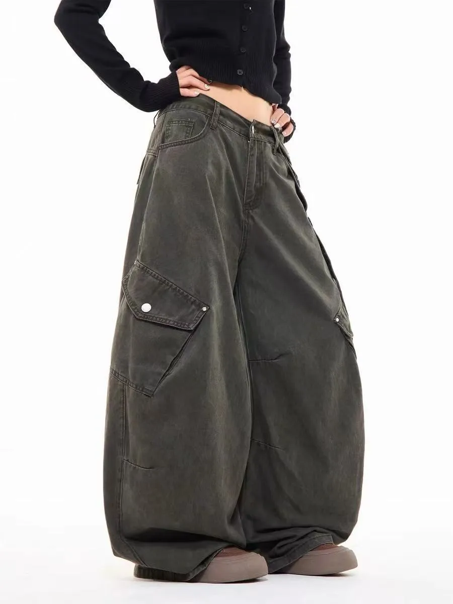 Design Pockets Oversize Lazy Loose Elastic Waist Basic Solid Large Women's Cargopants Trousers Pants for Women Mens Streetwear
