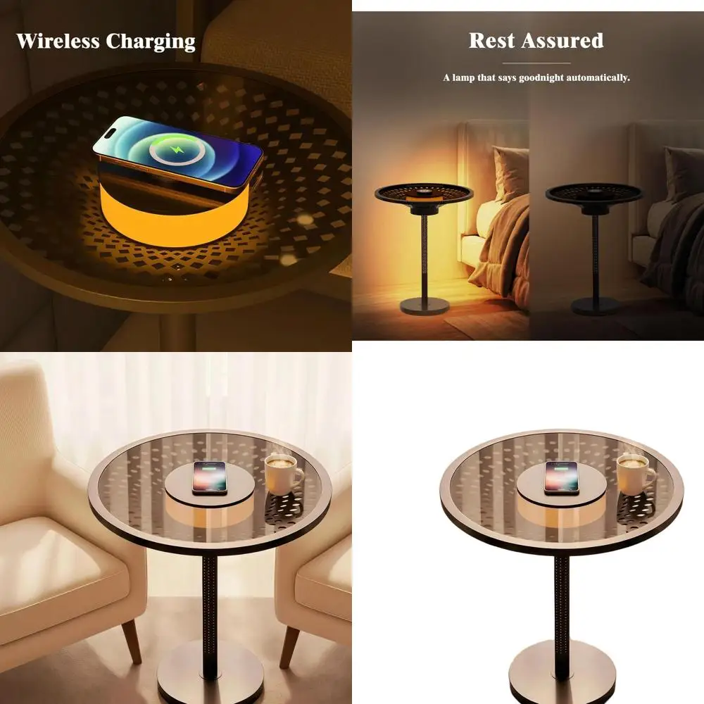 

Black Modern Side Table with Ambient Lighting and Wireless Charging for Bedrooms and Living Rooms
