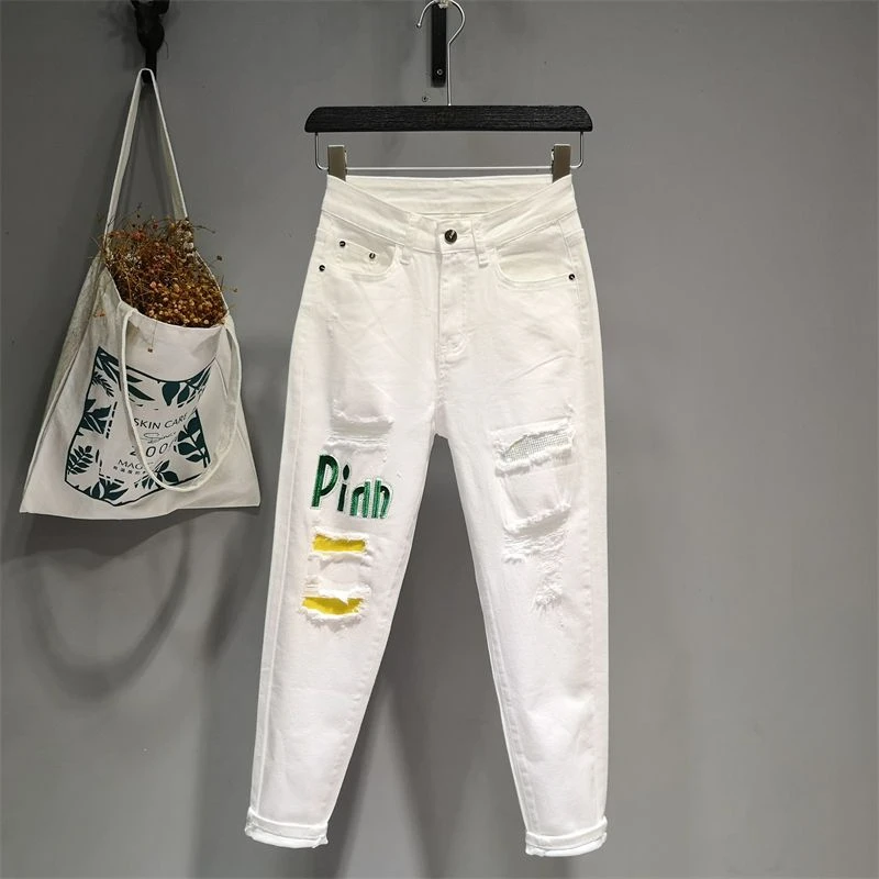 

White Jeans Women's Nine Points 2024 Spring Autumn New Slim-fitting Embroidery Hot Diamond Worn High-waisted Thin Harlan Pants