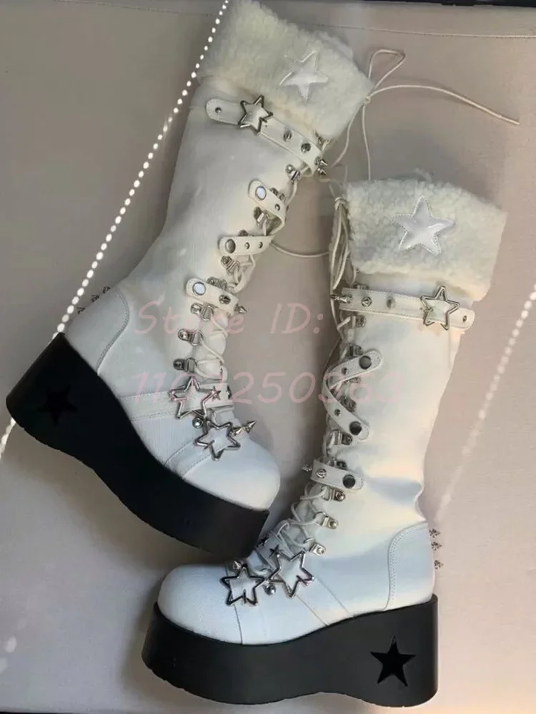 Star Lace-up Platform Knee-high Boots Round Toe Rivet Decor Cross Straps Boots  y2k 2024 New Women Fashion Shoes Cyberpunk Style
