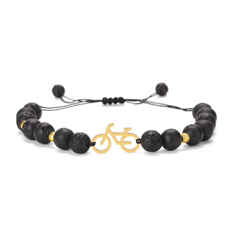 New Black Natural Stone Beads Bracelet Men Stainless Steel Bicycle Bracelet Women Adjustable Braided Rope Jewelry Gift