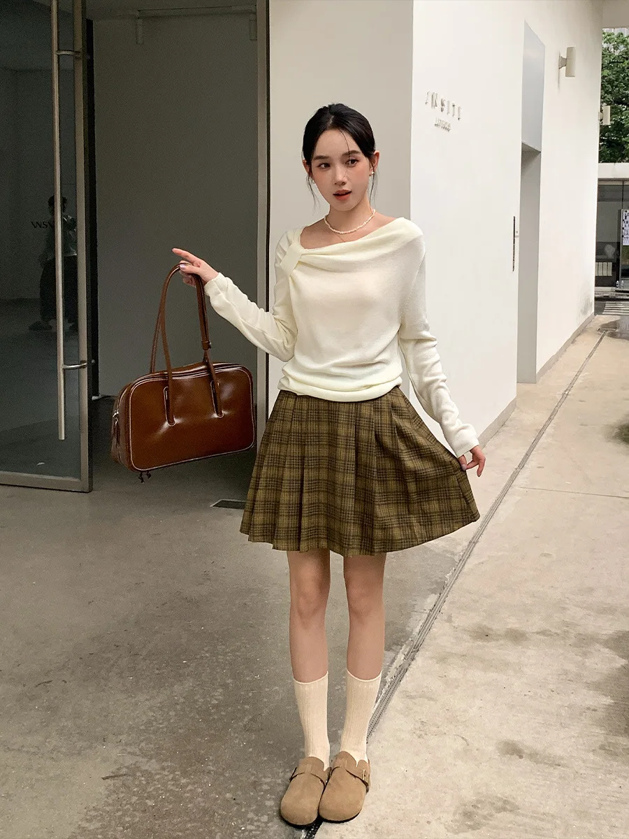 Jupe plissée rétro à carreaux, jupe mi-longue à taille semi-élastique, jupe courte de tempérament pour femmes, jupe moelleuse, jupe de princesse