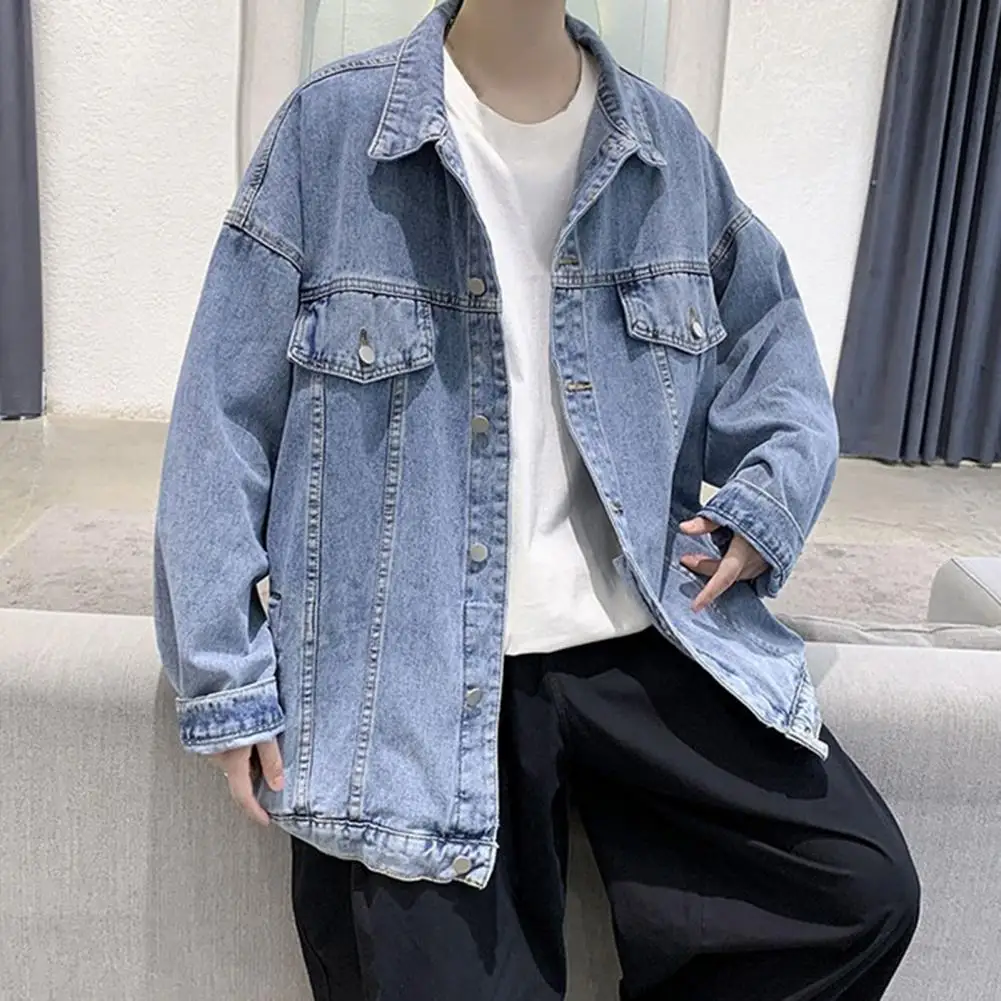 

Streetwear Men Denim Jacket Solid Color Long Sleeve Outwear Autumn Winter Loose Turndown Collar Jeans Jacket Coat Streetwear