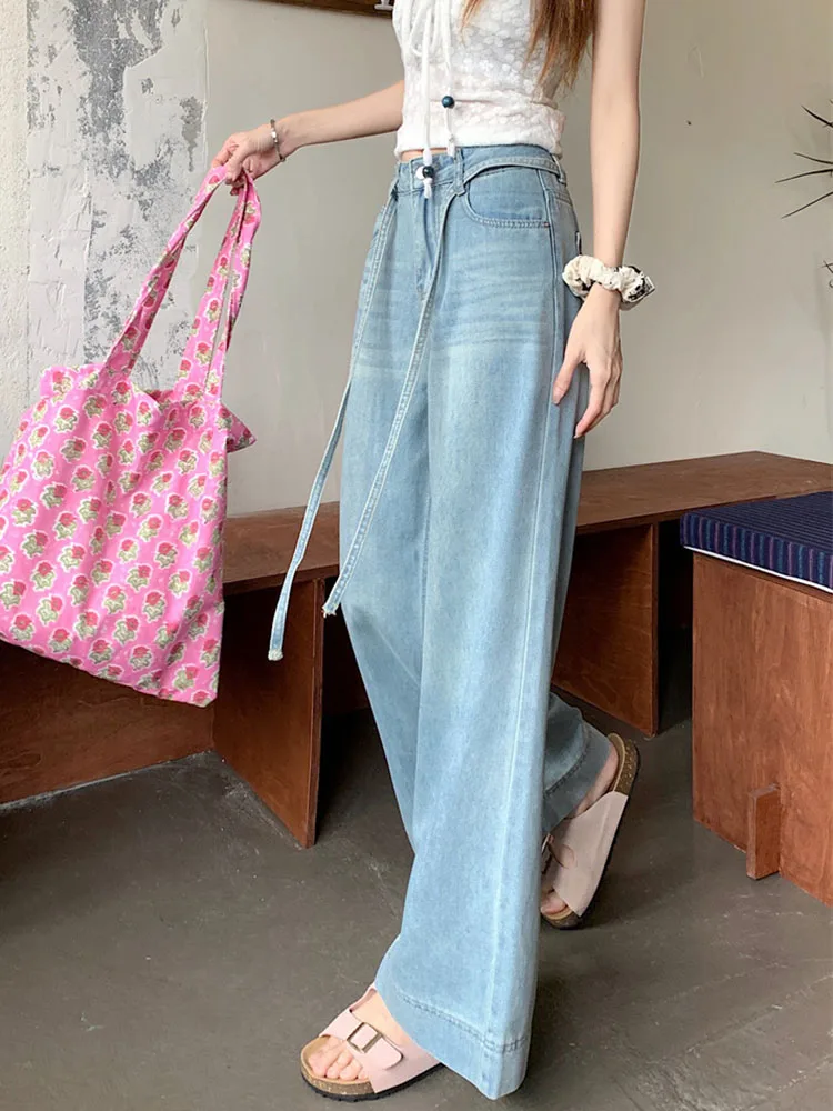 กางเกงยีนส์วินเทจทรงหลวมเอวสูงแบบมีเชือกผูกสำหรับผู้หญิง สไตล์ลำลอง สตรีทแวร์ แฟชั่นทรงตรง