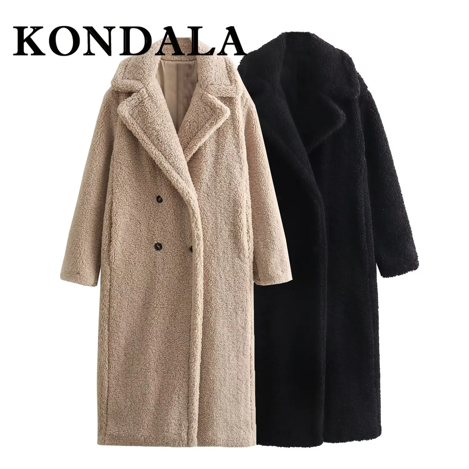 KONDALA 2025 Winter Women Casual Solid Coat Double Breasted Fleece Coat Loose Fit Long Coat Women Vintage Oversized Long  Jacket