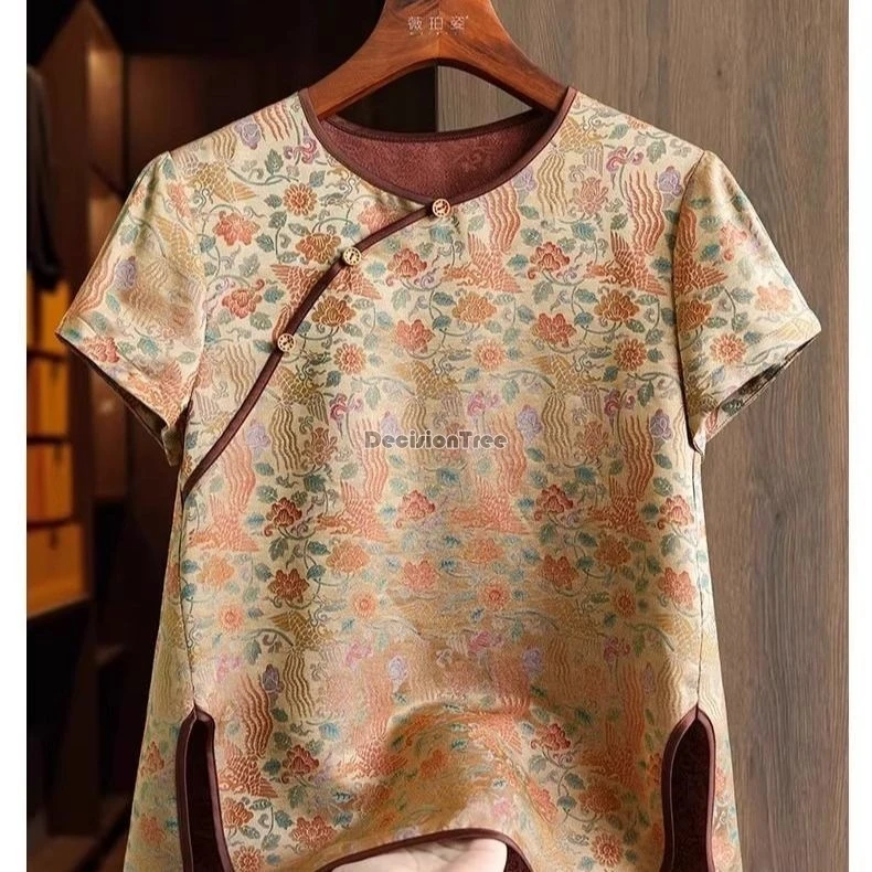 2026 chinese traditional short-sleeved round collar cheongsam top women summer new style jacquard loose retro daily qipao blouse
