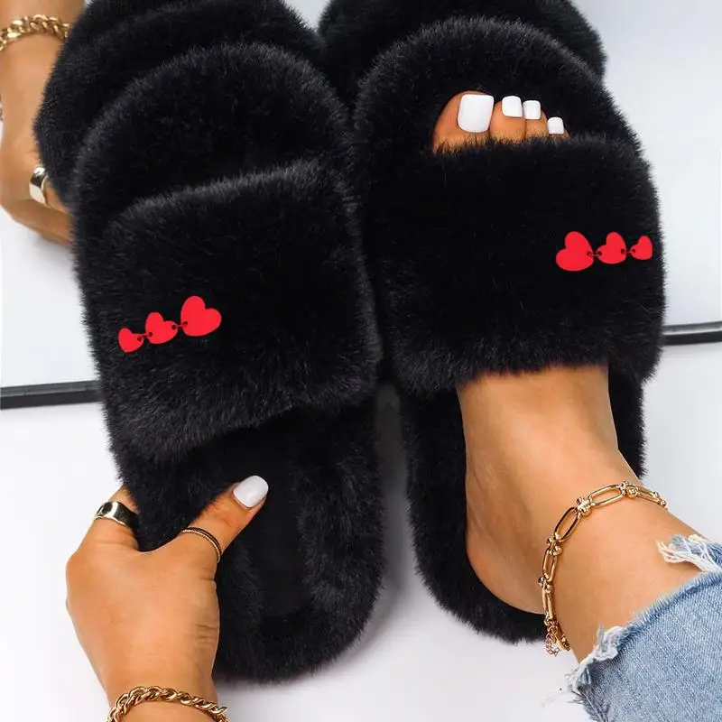 Flip Flops Slippers Ladies Retro Red Heart Decor Furry Slides Designer Sandals Women Fuzzy Slippers Faux Fur Shoes 2022