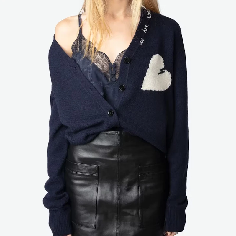 Navy Blue Cardigan Female V-Neck Apricot Cashmere Sweater Women Casual Letter Embroidery Sweaters Classic Love Long Sleeve Tops